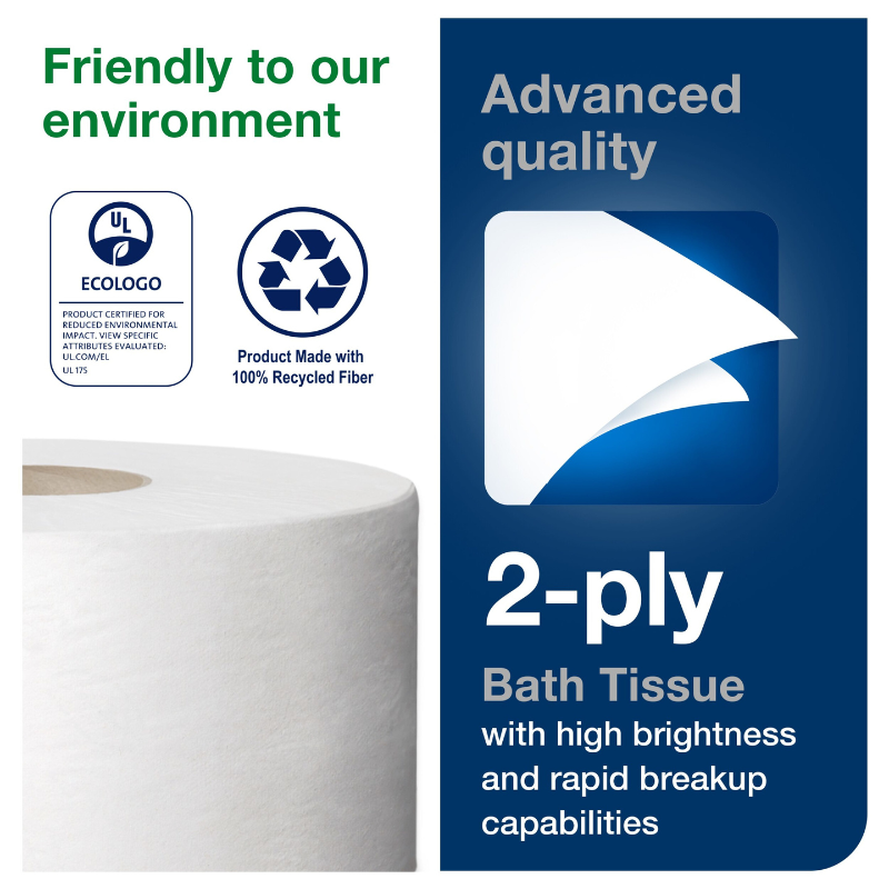 Tork Advanced Mini Jumbo Bath Tissue Roll, 2 Ply, 751', White