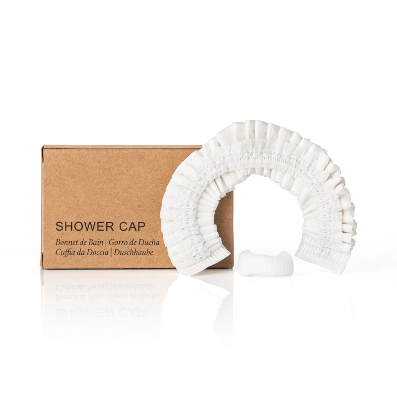 Cornstarch Shower Cap and Hair Tie Kit (Kraft Paper Box)