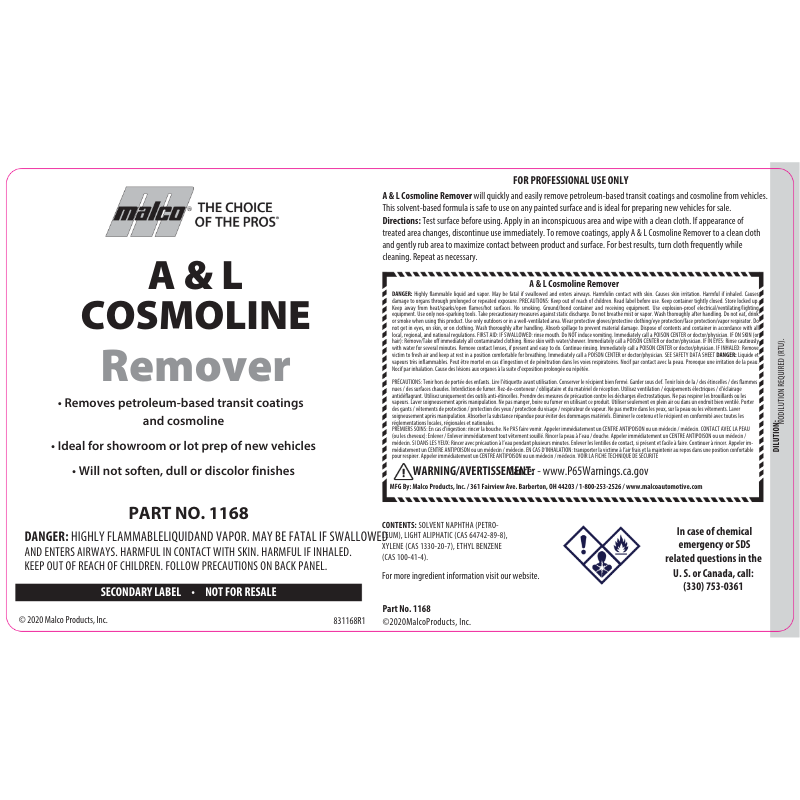 Label; A & L Cosmoline Remover GHS