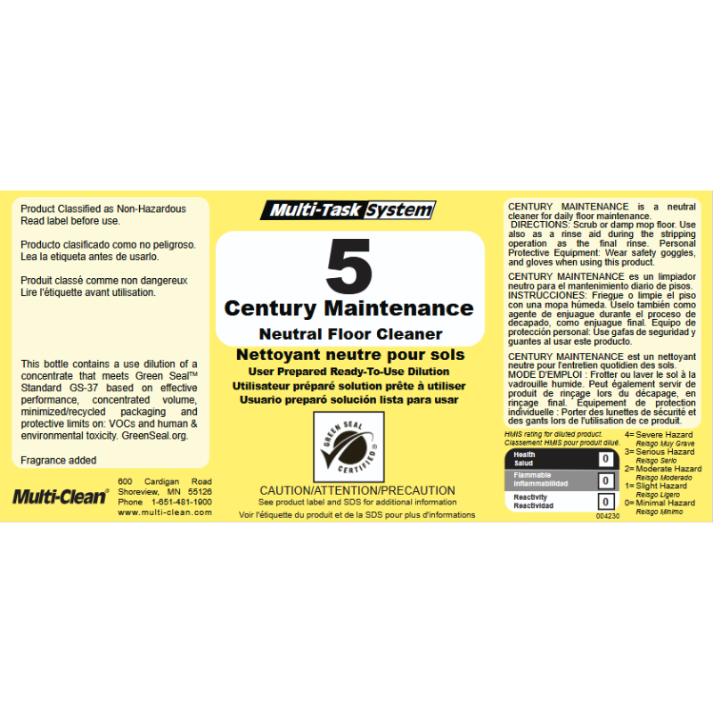 Multi-Clean Century Maintenance Secondary Safety Label